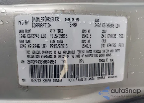 2000 Dodge Grand Caravan Se from USA, damaged, VIN 2B4GP4438YR844954